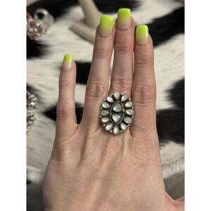 Native American Sterling Silver Mother Of Pearl Multi-Stone Cluster Ring 925 Adj